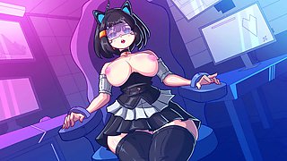 The fuck machine stretches her body while she sucks on her big breasts