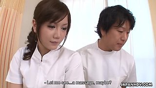 Asian nurse receives a mouthful from her patient's hard bone
