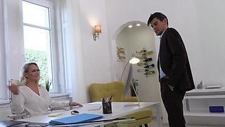 Young boy fucks premium MILF at the office and comes on her tits