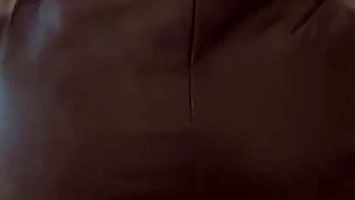 Doggy Fucked in Full Leather + Stockings. Cumshot on Ass in Leather Skirt