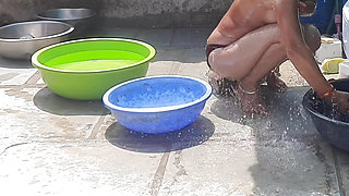 Stepsister bath bathing in open bathroom