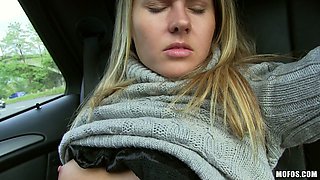 Alluring amateur blondie in sweater gets eaten and fucked in car