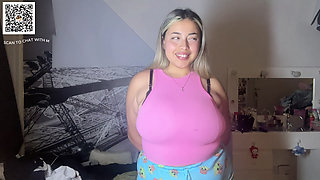 American girl with E cup tries on tops