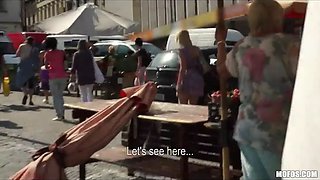 Blonde czech exhibitionist juggles her brilliant ass on a big-dick