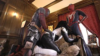 Ebony girl gets fucked by guys in deadpool and spiderman cosplays. Intense threesome!