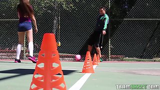 Cute athletic babe lets her coach fuck her tight pussy