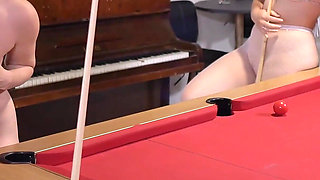 Four Lesbians Played with Billiard Cue on Pool Table!