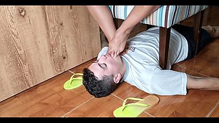 Mistress Kiffa - Face Footstool Slave Cleans Dirty Flip Flops and Cums on Flip Flops and Has to Lick It
