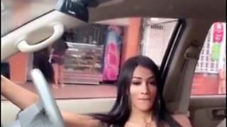 Amazing exhibitionist ladyboy cums in her car