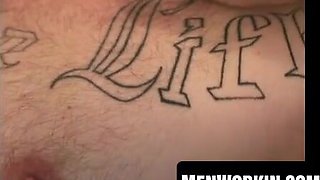 Tatted bum chum plays with fur covered spear till he pops