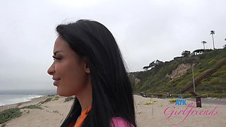 Latina beauty Anissa Kate enjoys riding in a car on the beach