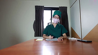 Petite Asian nurse is giving a handjob to her patient