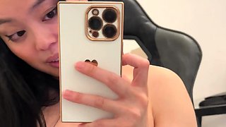 Busty curly brunette with big boobs fucks on couch