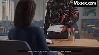 Young teacher ride in big monster with her student in class room