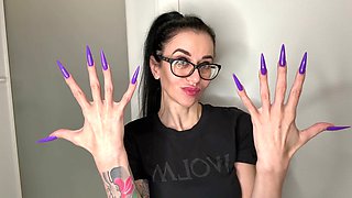 Finger Snapping and Sucking Fingers with Long Purple Nails, Glasses and Face