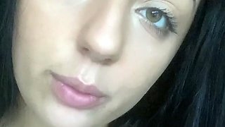 Busty curly brunette with big boobs fucks on couch