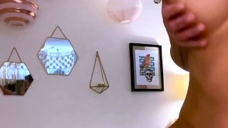 Busty curly brunette with big boobs fucks on couch