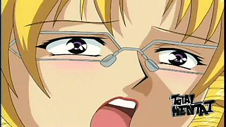 Hentai blondie in glasses gets bent over and fucked doggy style