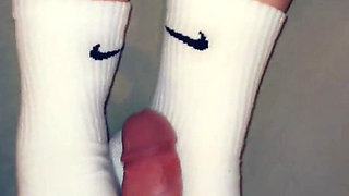 Footjob in Long Socks and Cums on Socks