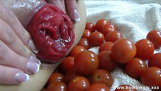 Hotkinkyjo Anal Prolapse and Vegetable Play with Small Tomatos, Lots of Small Tomatos.