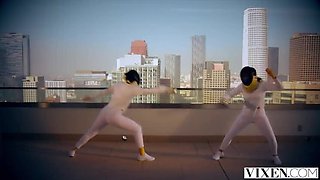Blonde VIXEN Babes Avery & Naomi Fuck Fencing Coach - Double BJ, Threesome & Cum Swapping