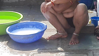 Stepsister desi in beautiful red tights is bathing completely naked in the open bathroom in the stepsister red tights