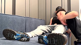 Bottom snuggles sweaty socks and receives a deep internal ejaculation