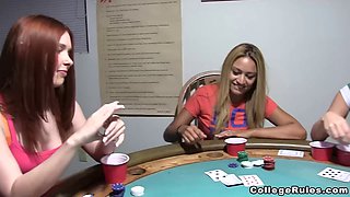 Two college girls play together at the poker game & get pounded hard by guys