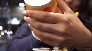 Hot Latina Ruby eats cum-covered ice cream at McDonald's with Lush toy in her pussy - Public sex with Jacob