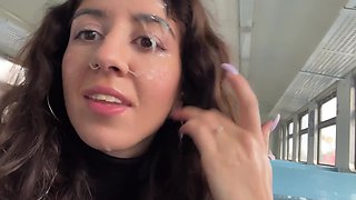 Slutty Russian brunette got some cum on her face by a stranger in a train