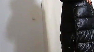 Cum Play on My New Long Black Shiny and Puffy Jacket so My Impotent Husband Can Lick