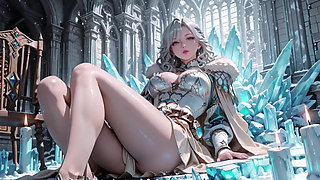 Silver-Haired Ice Queen! Kneeling in the Frozen Castle, her cold armor hides so many secrets. Hand on chest, biting lips...