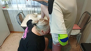 in the afternoon, I fuck my neighbor in the mouth in the kitchen and cum