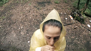 Black Lynn in Yellow Raincoat Sucking Cock in the Woods - Outdoor Blowjob and Cum in Mouth