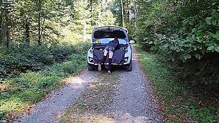 German redhead Malou-Nu gets car sex help with roadside blowjob and doggystyle fuck