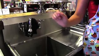 Two busty lesbians in the kitchen playing with ice cream