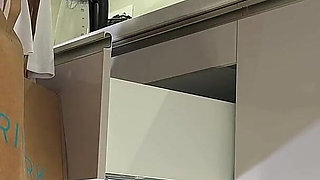 Big Tits Big Ass Hot and Cute Beautiful New Wife Takes Her G-string off to Flash Her Tight Shaved Pussy in the Kitchen