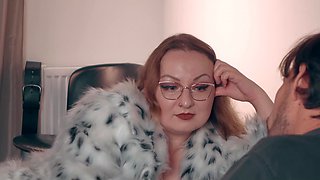 Curvy MILF In Crochless Leggings and a Fur Coat Dominates a Naked Sissy With Amazon Ride & Milking