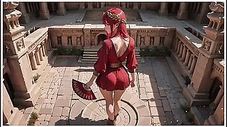 Red-haired Priestesss Forbidden Bath Ancient Stone Corridors Dappled With Light She Lounges In A Circular Pool Overflowing With Liquid