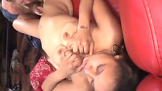 Blonde teen and hot brunette with great tits have hardcore lick session on the couch