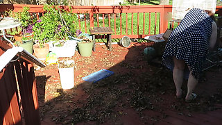 Playing in my garden showing off my tits belly ass, legs and fat pussy flashing you while cleaning up my leaves! red lace thong!