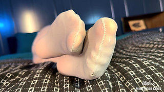 Grey Pantyhose Feet Tease - Rubbing Soles and Big Ass in Background