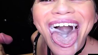 Big-Titted Brunette Craves Gloryhole as Cum Drips on Tits
