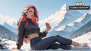 Naked redhead climax on snowy mountain tip - hard-core porno action!