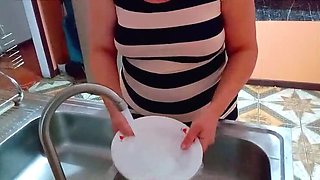 Step Son Friend Fucks Me Hard in Kitchen While Washing Dishes - Big Natural Tits Amateur Creampie