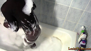Sexy Louise, totally encased in pantyhose getting a bath