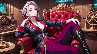 Silver-Haired Pirate Queen! Sun-drenched ship cabin, navy uniform slightly damp, kneeling with a teasing gaze.
