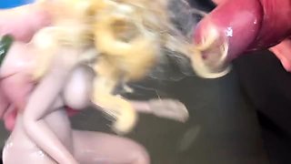 Busty tiny doll covered in creamy hot cum by big cock