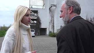Young Ellen Jess satisfies a horny older couple with her perky naturals and blonde locks