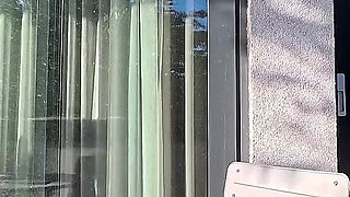 Hot Brunette New Petite Wife Flashes Her No Panties Shaved Pussy Outdoors on the Balcony to the Neighbors